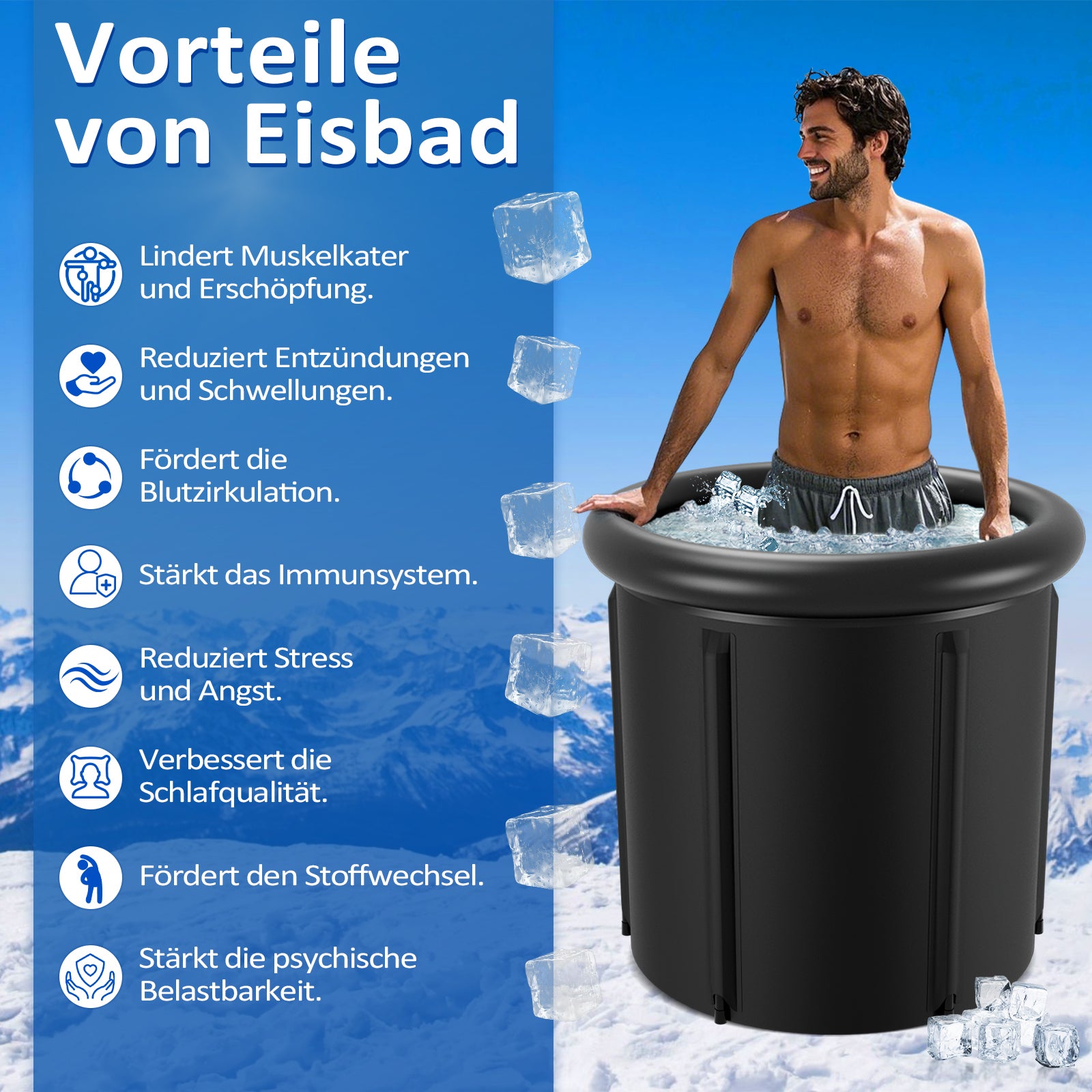 SWANEW Eisbad Eisbaden Tonne 80 cm, Faltbare Badewanne 390L, Kältetherapie Set mit 5 Isolierschichten, Aufblasbare Eistonne-Set für Zuhause
