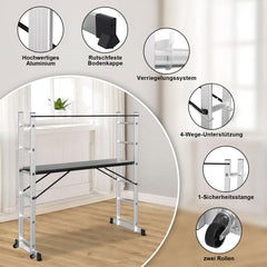SWANEW Gerüst, Gerüstleiter, Arbeitsgerüst, 4 in 1Alu Mobile Mehrzweckleiter 2x6 Stufen