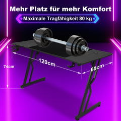 SWANEW Gaming Schreibtisch 120/140 cm, Gaming Tisch mit LED, Computertisch