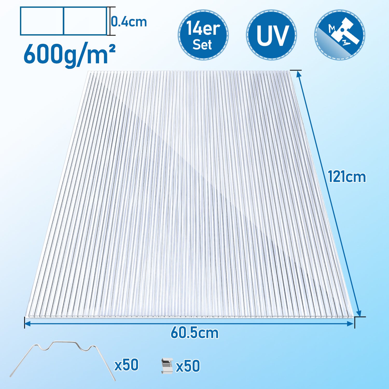 SWANEW 14× Polycarbonat Hohlkammerstegplatten 4 mm – UV-beständige Doppelstegplatten 60,5×121 cm mit 50 Stück W-Clips & 50 Stück Z-Clips – Ideal für Gewächshaus, Garten & Überdachung