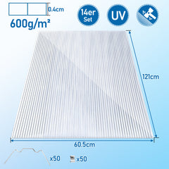 SWANEW 14× Polycarbonat Hohlkammerstegplatten 4 mm – UV-beständige Doppelstegplatten 60,5×121 cm mit 50 Stück W-Clips & 50 Stück Z-Clips – Ideal für Gewächshaus, Garten & Überdachung