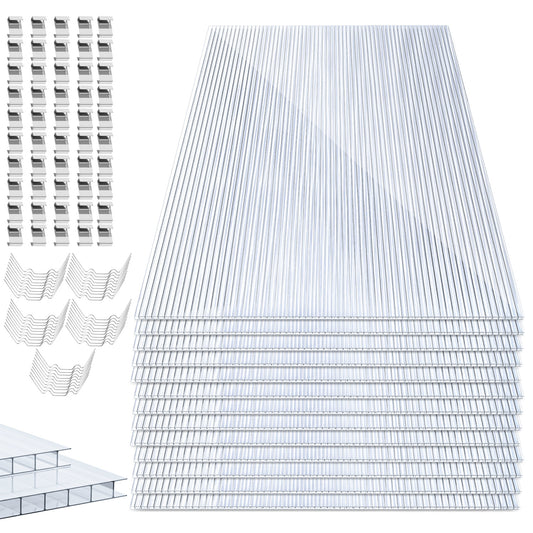 SWANEW 14× Polycarbonat Hohlkammerstegplatten 4 mm – UV-beständige Doppelstegplatten 60,5×121 cm mit 50 Stück W-Clips & 50 Stück Z-Clips – Ideal für Gewächshaus, Garten & Überdachung