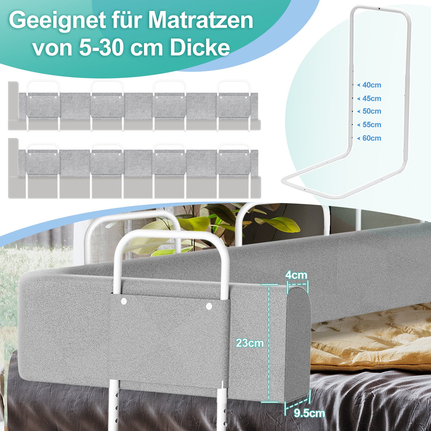 SWANEW Bettgitter Rausfallschutz 150/180/200cm , Verformbar Kinderbettgitter 5-Loch Höhenverstellbar, für Boxspringbetten und Kinderbett
