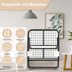 SWANEW Klappbett 90x200cm, Gästebett Klappbar mit ca.13CM Dicke Hochdichter Schaumstoff Matratze, Einzelbett mit Rollen