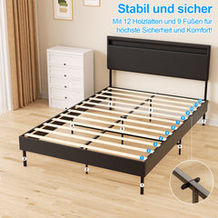 SWANEW Bettgestell mit LED Beleuchtung, bettgestell mit Kopfteil, Stabiler Holzlattenrost + gute Qualität Leder, Matratze nicht im Lieferumfang enthalten