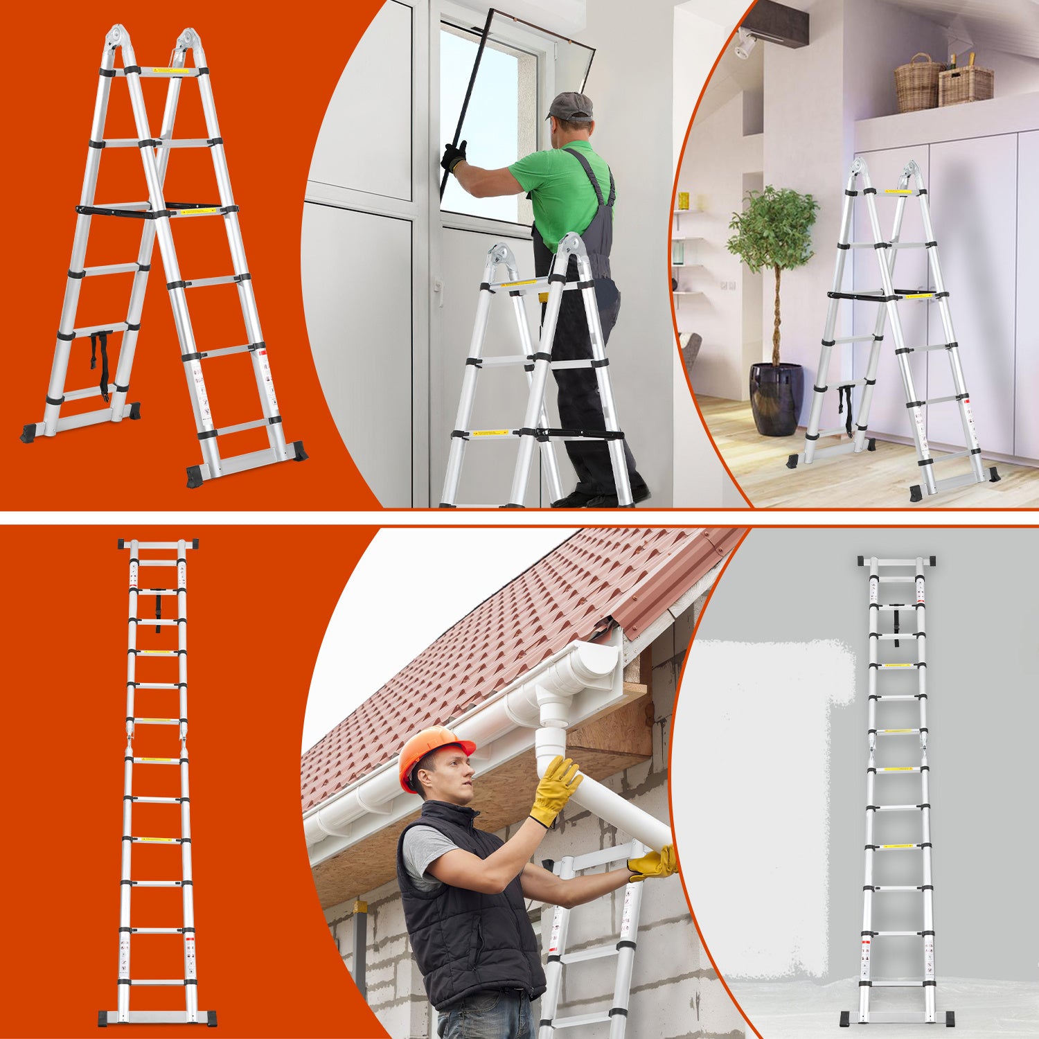 SWANEW 3.8M(1.9+1.9) M Aluminium Teleskopleiter, Klappleiter, Ausziehbare Leiter, Rutschfester Stehleiter, 150kg Belastbarkeit