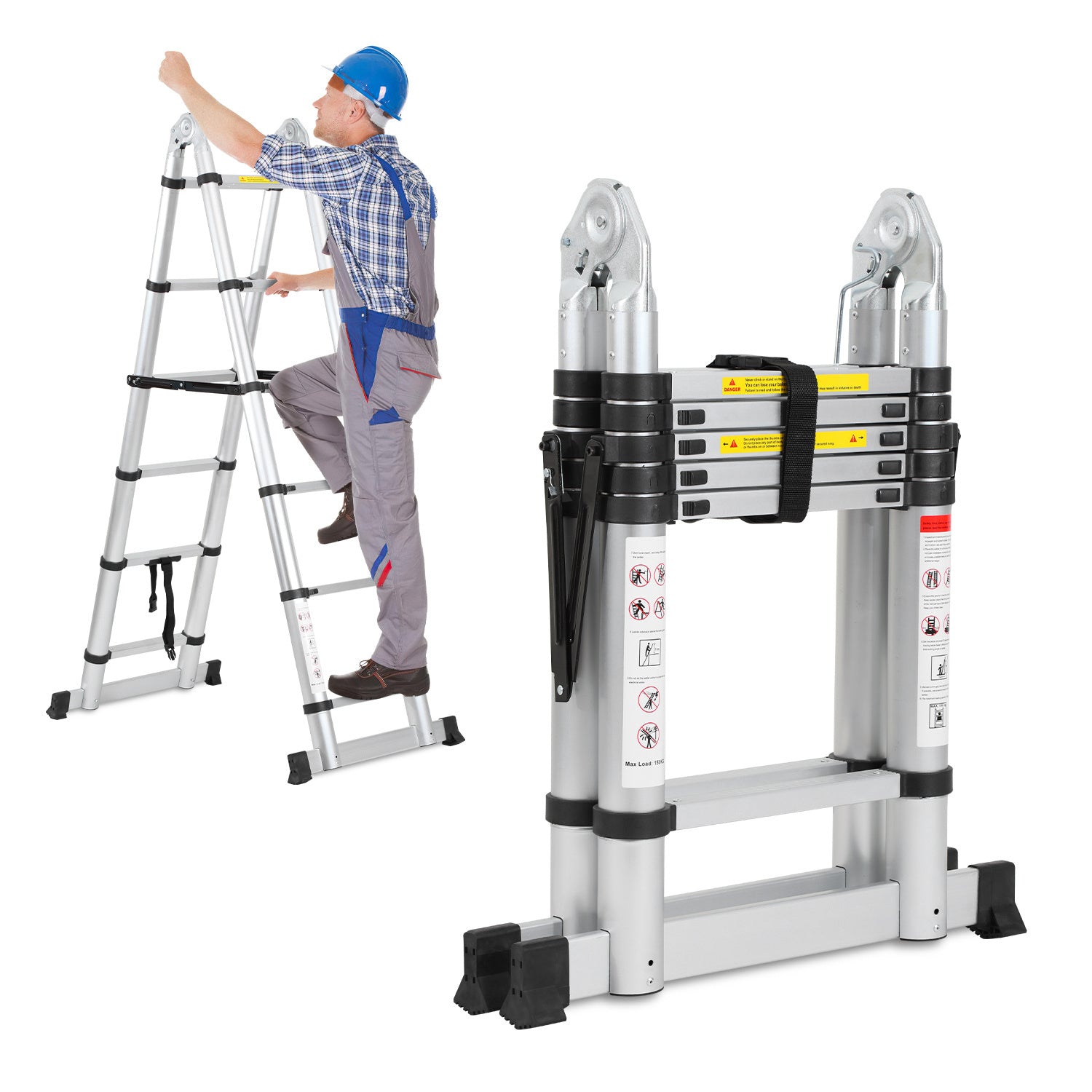 SWANEW 3.8M(1.9+1.9) M Aluminium Teleskopleiter, Klappleiter, Ausziehbare Leiter, Rutschfester Stehleiter, 150kg Belastbarkeit