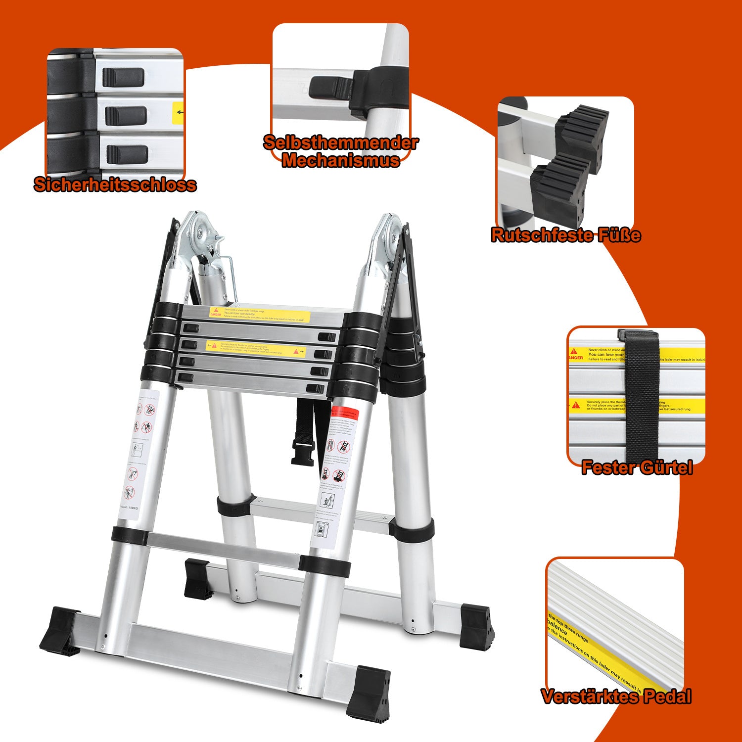 SWANEW 3.8M(1.9+1.9) M Aluminium Teleskopleiter, Klappleiter, Ausziehbare Leiter, Rutschfester Stehleiter, 150kg Belastbarkeit