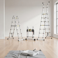SWANEW 3.8M(1.9+1.9) M Aluminium Teleskopleiter, Klappleiter, Ausziehbare Leiter, Rutschfester Stehleiter, 150kg Belastbarkeit