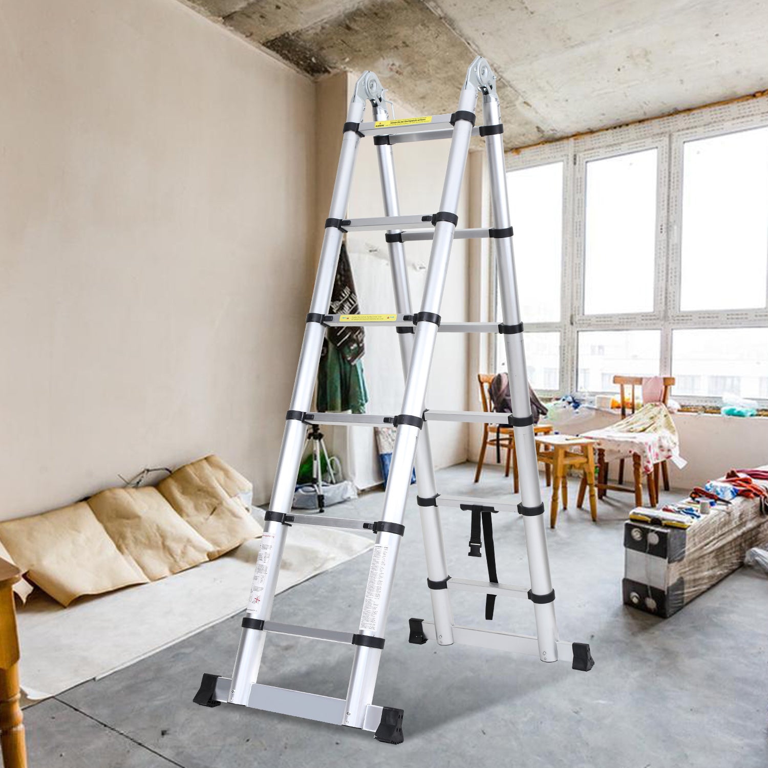 SWANEW 3.8M(1.9+1.9) M Aluminium Teleskopleiter, Klappleiter, Ausziehbare Leiter, Rutschfester Stehleiter, 150kg Belastbarkeit