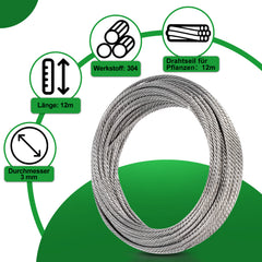 SWANEW Rankhilfe, Edelstahl Drahtseil, , Rankseilsystem Set 12M, mit Wandhaltern und 3mm Stahlseil, für Kletterpflanzen