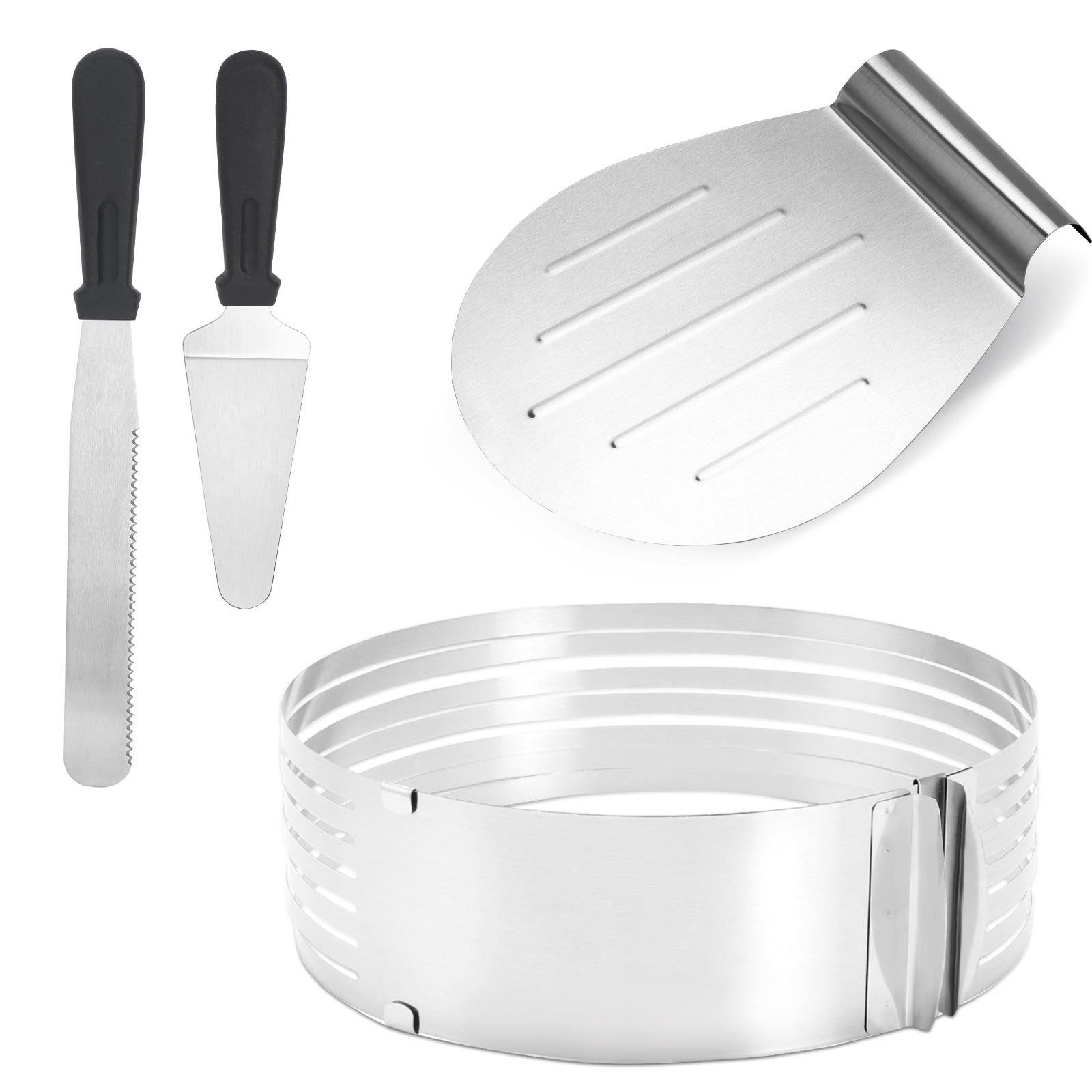 SWANEW Tortenboden-Schneidhilfe 4-tlg – Verstellbares Torten-Set 23–30 cm aus Edelstahl mit Tortenring, Kuchenplatte & 2 Messern, Perfekt für Gleichmäßige Kuchen & Backen