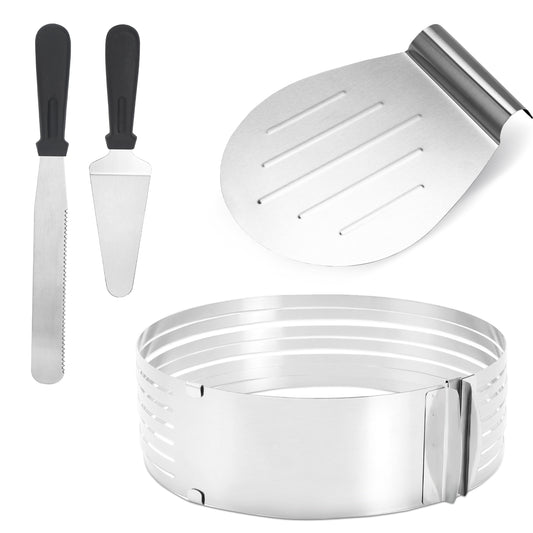 SWANEW Tortenboden-Schneidhilfe 4-tlg – Verstellbares Torten-Set 23–30 cm aus Edelstahl mit Tortenring, Kuchenplatte & 2 Messern, Perfekt für Gleichmäßige Kuchen & Backen