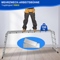 SWANEW 3,6m/4,7m/5,82m Aluminium Mehrzweckleiter 4x3/4x4/4x5 Stufen, Multifunktionsleiter mit 2 Plattform und Räder, Klappleiter, Trittleiter