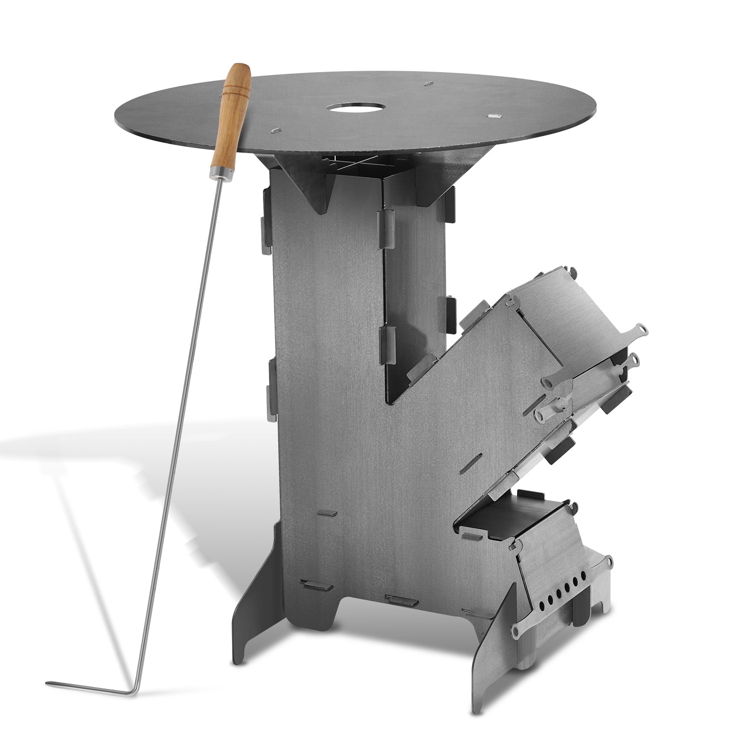 SWANEW Raketenofen mit Grillplatte und Feuerhaken, Rocket Stove Stecksystem aus 3 mm dickem Stahl, Raketenofen Outdoor Holzofen Campingkocher Kanonenofen für BBQ Terrasse
