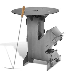SWANEW Raketenofen mit Grillplatte und Feuerhaken, Rocket Stove Stecksystem aus 3 mm dickem Stahl, Raketenofen Outdoor Holzofen Campingkocher Kanonenofen für BBQ Terrasse