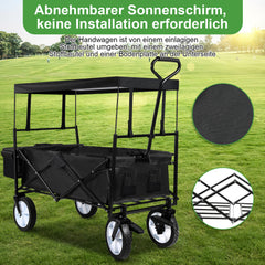 Bollerwagen Faltbar mit Dach 360 Grad drehbaren RĂ€dern, 96 L Handwagen mit Verstellbarem Griff mit Herausnehmbare Plane, Strandwagen Gartenwagen Transportwagen Bollerwagen Kinder 100KG Tragkraft
