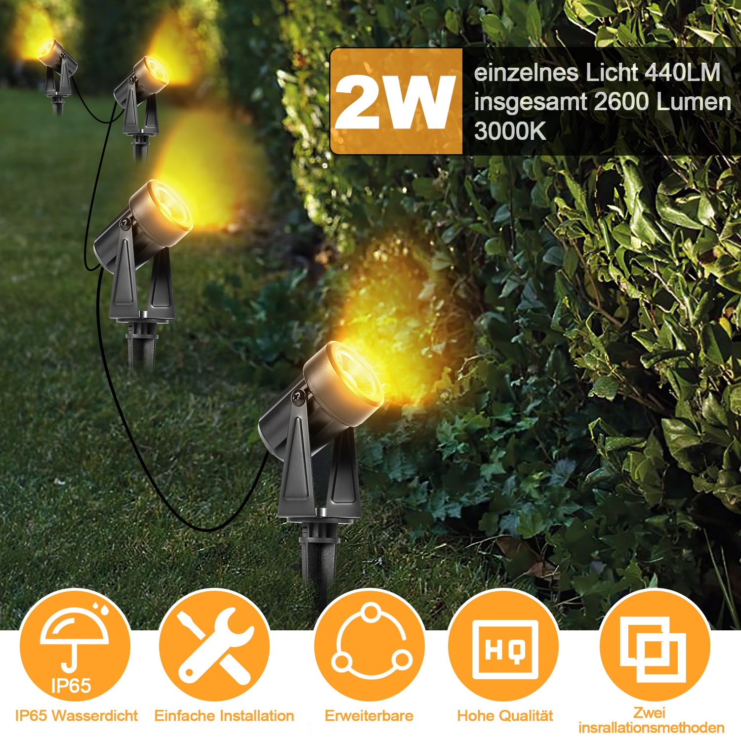 SWANEW LED Gartenbeleuchtung mit Erdspieß, 6er Set Gartenstrahler Warmweiß, Gartenleuchte IP65 Wasserdicht, Gartenlampe Wegbeleuchtung mit Stecker