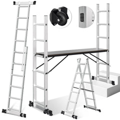 SWANEW Gerüst, Gerüstleiter, Arbeitsgerüst, 4 in 1Alu Mobile Mehrzweckleiter 2x6 Stufen