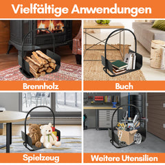 SWANEW Feuerholzablage Tragbarer Kaminholzkorb mit Griff Kompakter Kaminholzregal 40x30x46cm