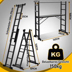 SWANEW Gerüst, Gerüstleiter, Arbeitsgerüst, 4 in 1Alu Mobile Mehrzweckleiter 2x6 Stufen