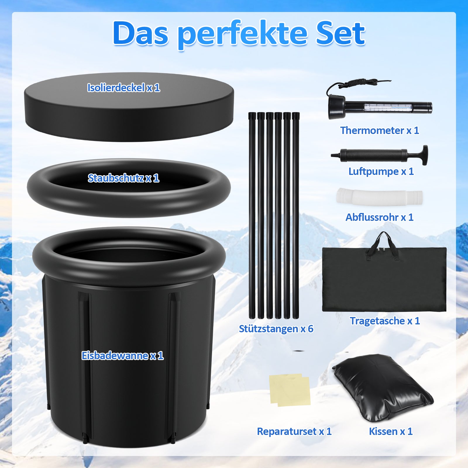 SWANEW Eisbad Eisbaden Tonne 80 cm, Faltbare Badewanne 390L, Kältetherapie Set mit 5 Isolierschichten, Aufblasbare Eistonne-Set für Zuhause