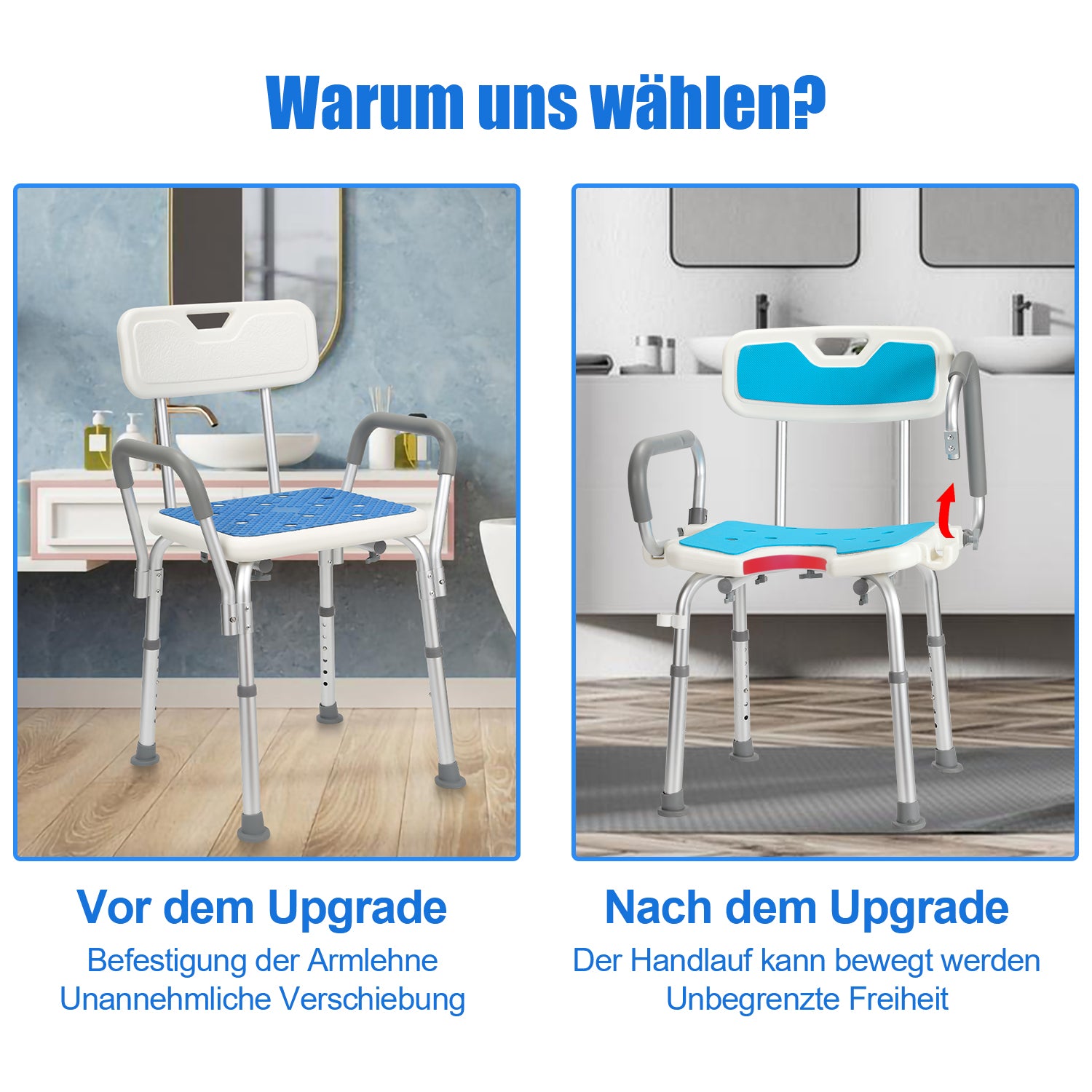 Duschstuhl mit abnehmbaren Armen und Rückenlehne