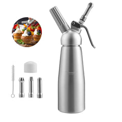 SWANEW Sahnespender Aluminium/Edelstahl Sahnesyphon, 0,5 L Mit 3 Edelstahl Deko-DĂŒsen und ReinigungbĂŒrste