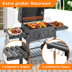 SWANEW Holzkohlegrill BBQ XXL Smoker mit Deckel, höhenverstellbarer Kohleschale, Grillwagen, mit Thermometer, verstellbaren Lüftungsöffnungen