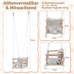 SWANEW Babyschaukel aus Holz – Kinderschaukel Indoor & Outdoor, höhenverstellbarer Schaukelsitz mit Polsterung, stabile Seile, Tragkraft bis 50 kg