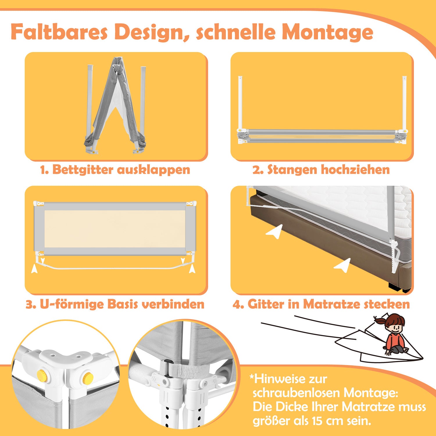 SWANEW Bettgitter Klappbar, Bettgitter Rausfallschutz höhenverstellbar (68 – 95 cm), Bettschutzgitter mit U-förmige Basis