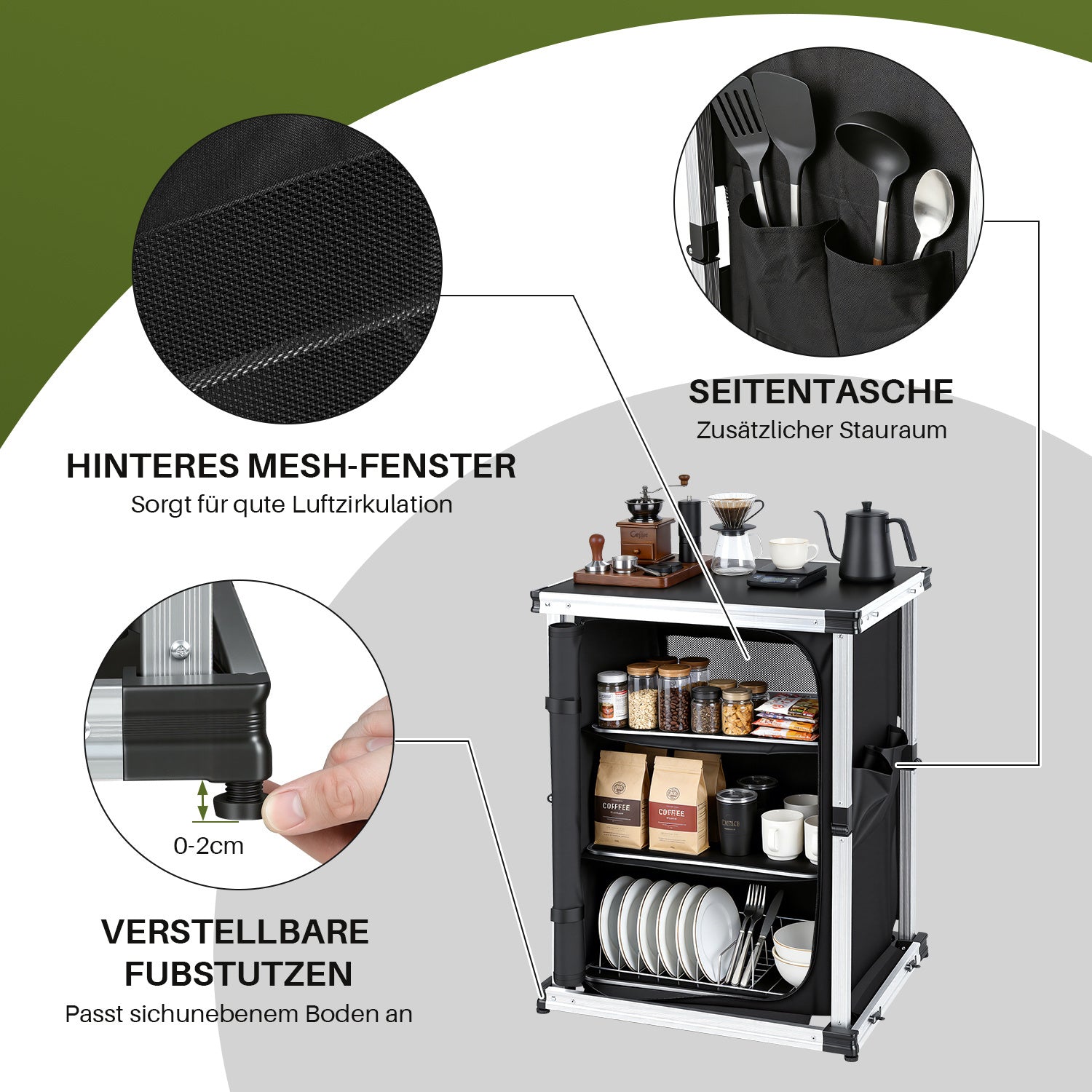 SWANEW Campingküche Campingschrank Klappbar, Mobiler Küchenschrank, mit 3 Fächern & Tasche