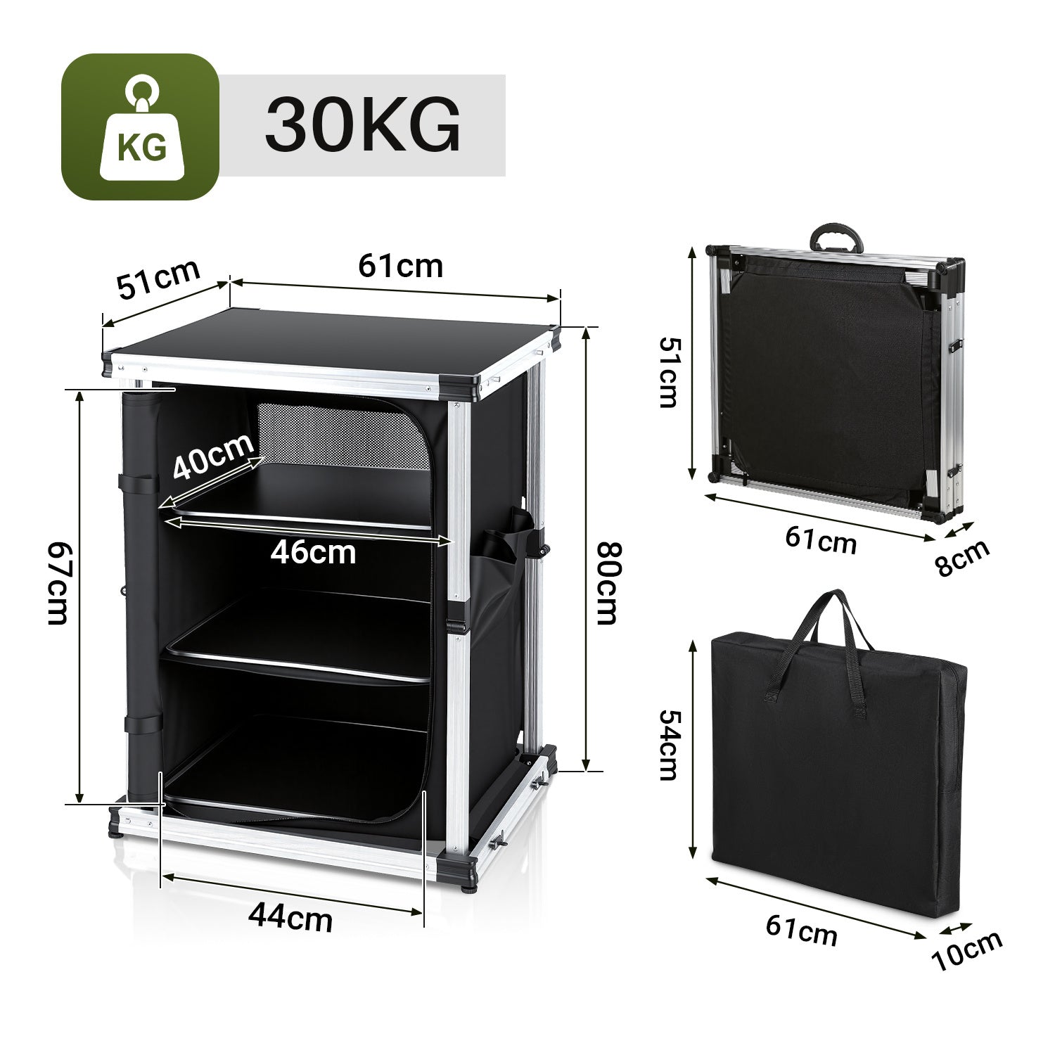 SWANEW Campingküche Campingschrank Klappbar, Mobiler Küchenschrank, mit 3 Fächern & Tasche