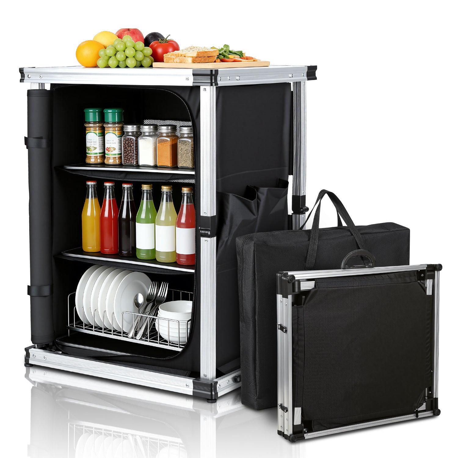 SWANEW Campingküche Campingschrank Klappbar, Mobiler Küchenschrank, mit 3 Fächern & Tasche
