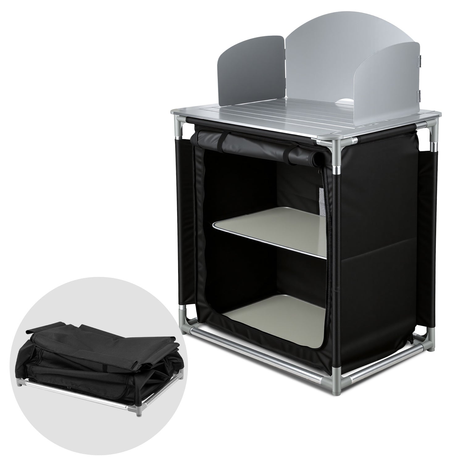 SWANEW Campingküche Campingschrank Klappbar, Reiseküche für Camping, mit Doppel Schubladen und Spritzschutz