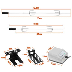 SWANEW Elektrischer Edelstahl Grillspieß 117 cm – 4x Fleischnadeln, Universal Rotisserie Set, bis 10 kg Traglast, 220–240 V für Gasgrill & BBQ