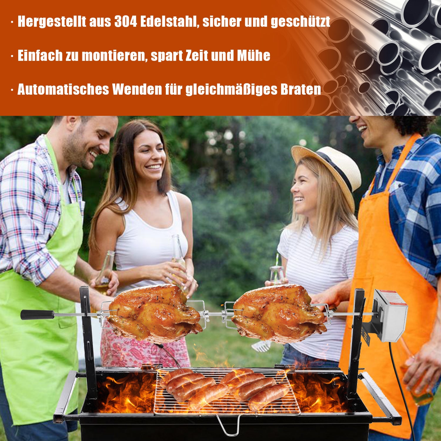 SWANEW Elektrischer Edelstahl Grillspieß 117 cm – 4x Fleischnadeln, Universal Rotisserie Set, bis 10 kg Traglast, 220–240 V für Gasgrill & BBQ