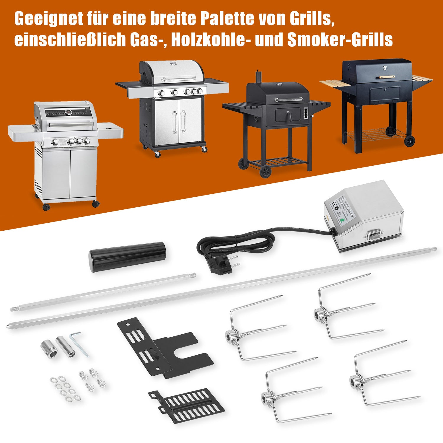 SWANEW Elektrischer Edelstahl Grillspieß 117 cm – 4x Fleischnadeln, Universal Rotisserie Set, bis 10 kg Traglast, 220–240 V für Gasgrill & BBQ