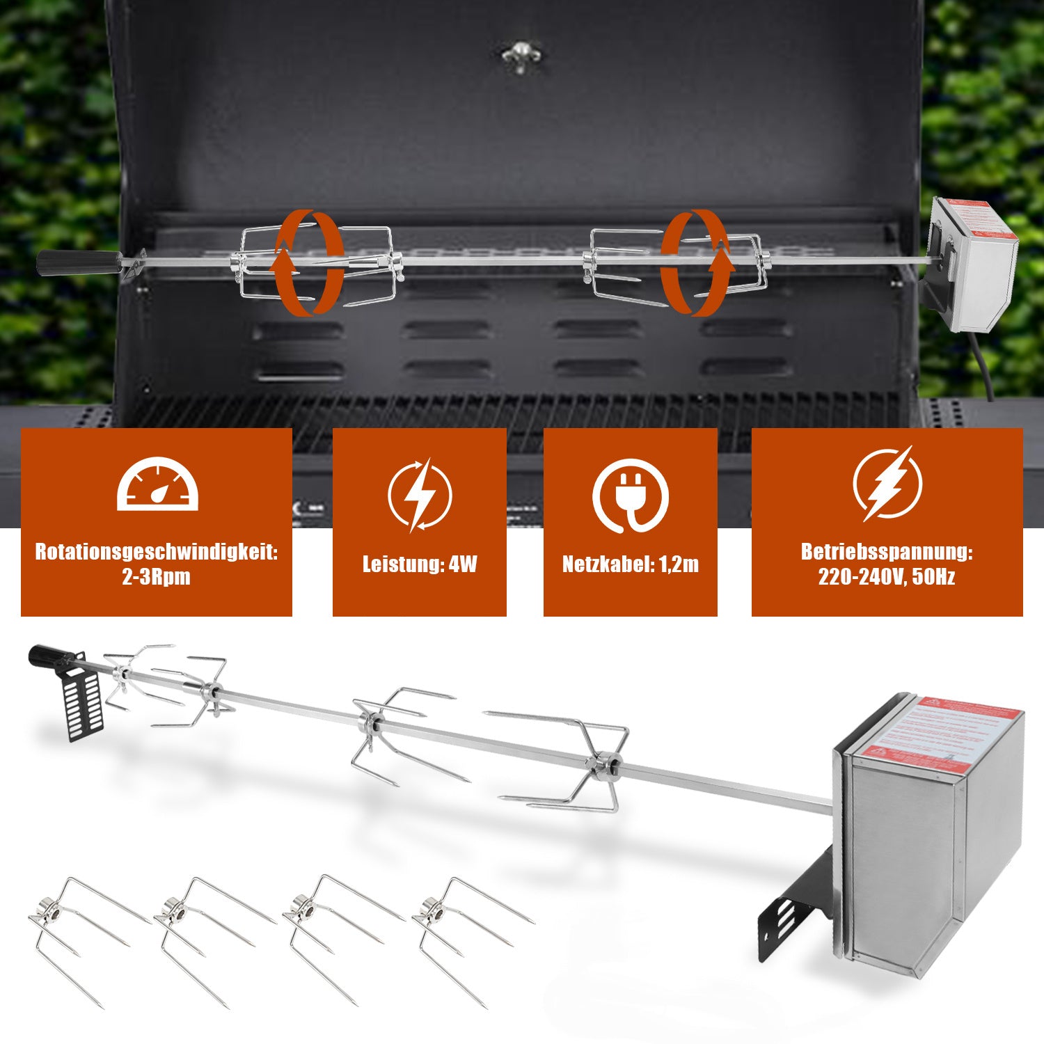 SWANEW Elektrischer Edelstahl Grillspieß 117 cm – 4x Fleischnadeln, Universal Rotisserie Set, bis 10 kg Traglast, 220–240 V für Gasgrill & BBQ