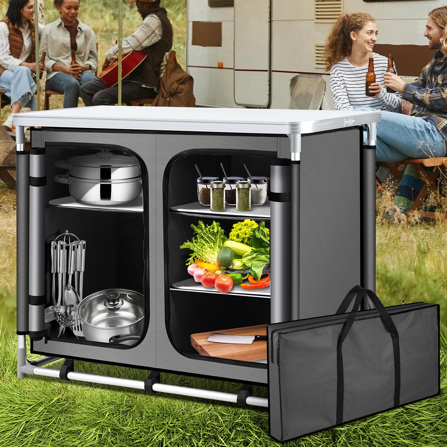 SWANEW Faltbare Campingküche mit Aluminiumrahmen – tragbarer Campingschrank / Outdoorküche mit 5 Fächern und 3 Außentaschen für Camping, Vanlife & Garten