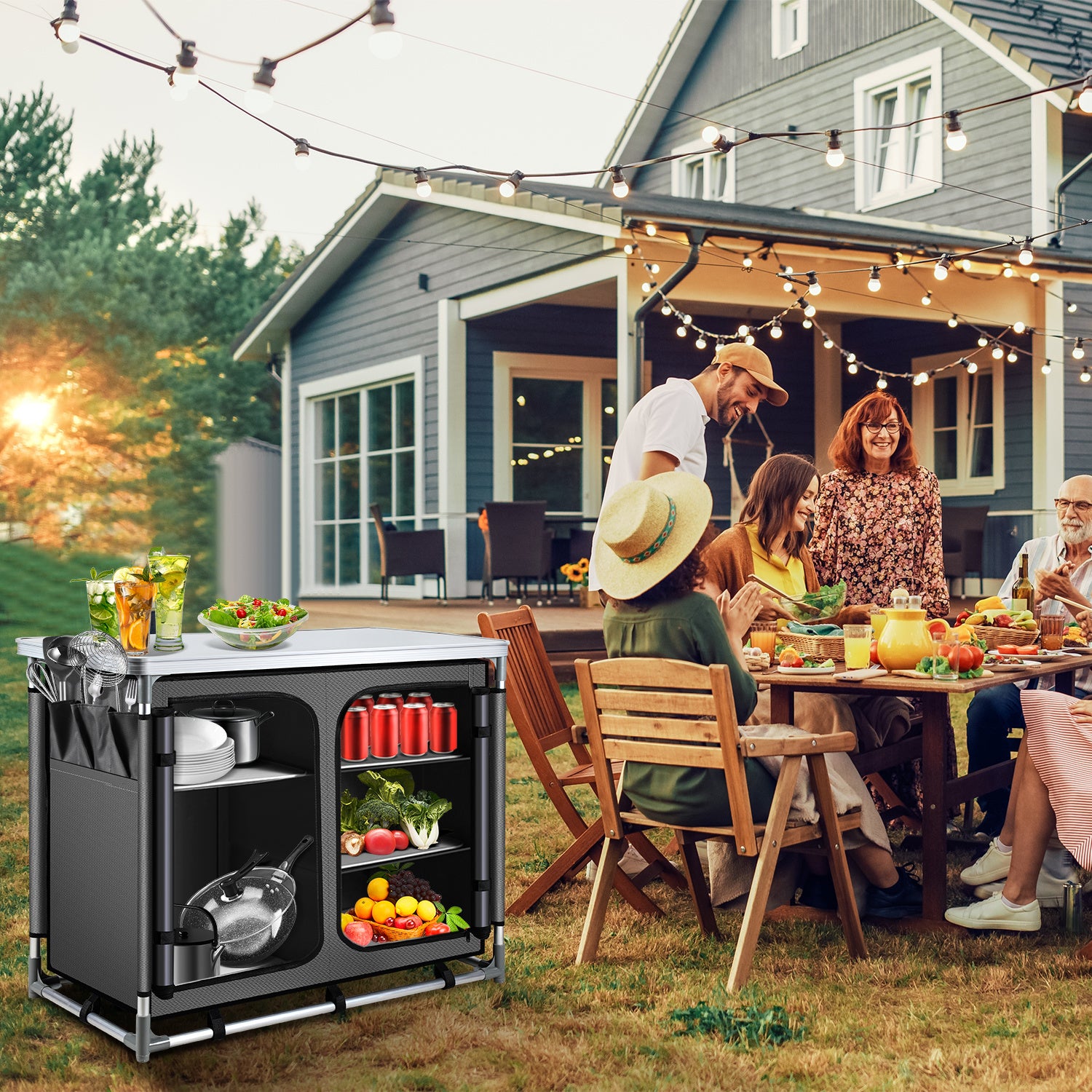 SWANEW Faltbare Campingküche mit Aluminiumrahmen – tragbarer Campingschrank / Outdoorküche mit 5 Fächern und 3 Außentaschen für Camping, Vanlife & Garten