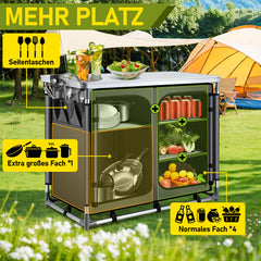 SWANEW Faltbare Campingküche mit Aluminiumrahmen – tragbarer Campingschrank / Outdoorküche mit 5 Fächern und 3 Außentaschen für Camping, Vanlife & Garten