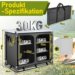 SWANEW Faltbare Campingküche mit Aluminiumrahmen – tragbarer Campingschrank / Outdoorküche mit 5 Fächern und 3 Außentaschen für Camping, Vanlife & Garten