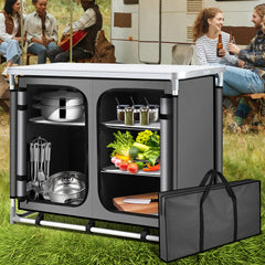 SWANEW Faltbare Campingküche mit Aluminiumrahmen – tragbarer Campingschrank / Outdoorküche mit 5 Fächern und 3 Außentaschen für Camping, Vanlife & Garten