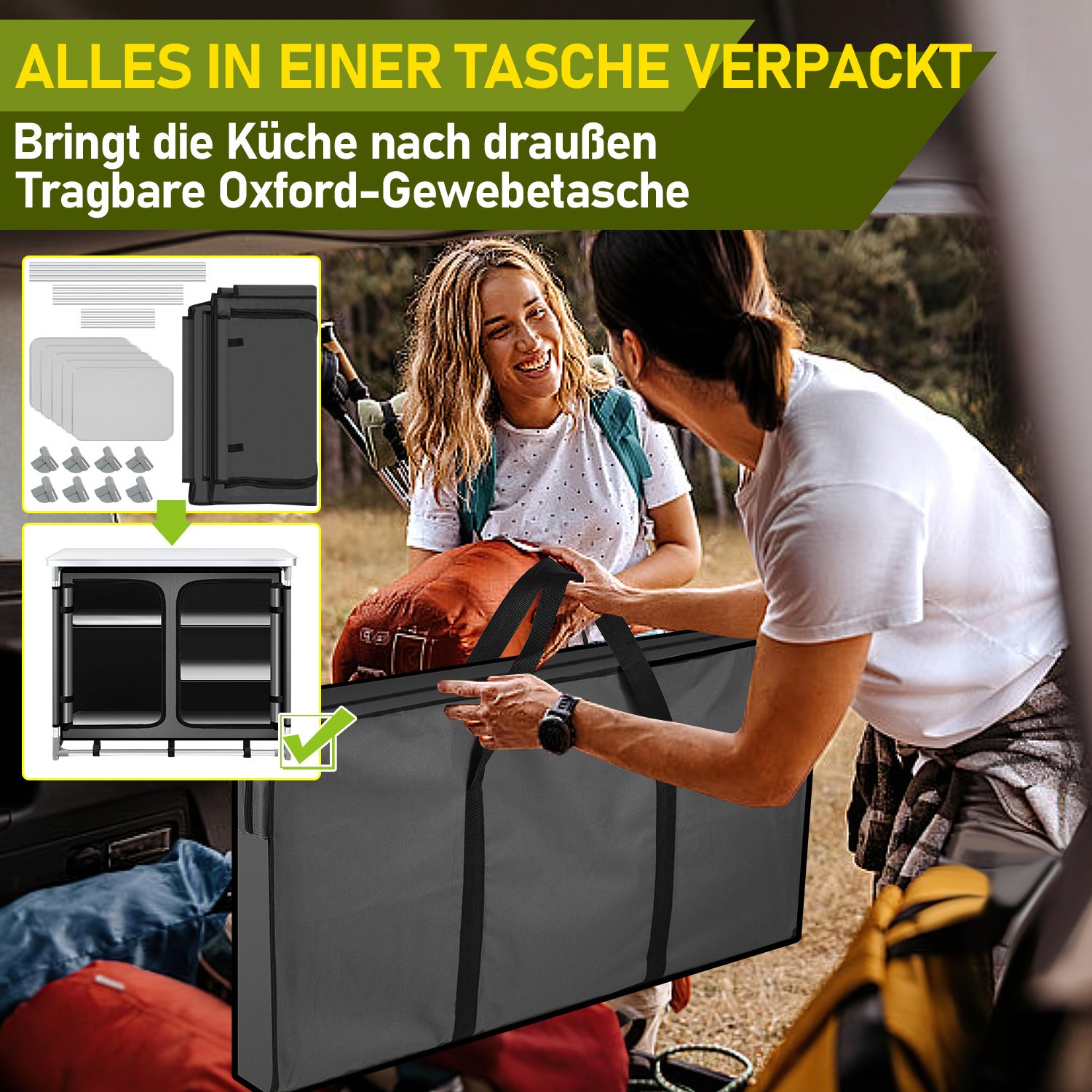 SWANEW Faltbare Campingküche mit Aluminiumrahmen – tragbarer Campingschrank / Outdoorküche mit 5 Fächern und 3 Außentaschen für Camping, Vanlife & Garten