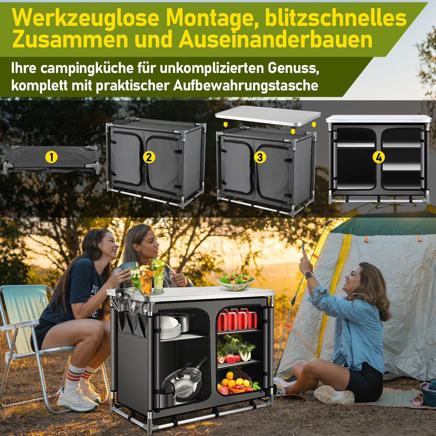 SWANEW Faltbare Campingküche mit Aluminiumrahmen – tragbarer Campingschrank / Outdoorküche mit 5 Fächern und 3 Außentaschen für Camping, Vanlife & Garten