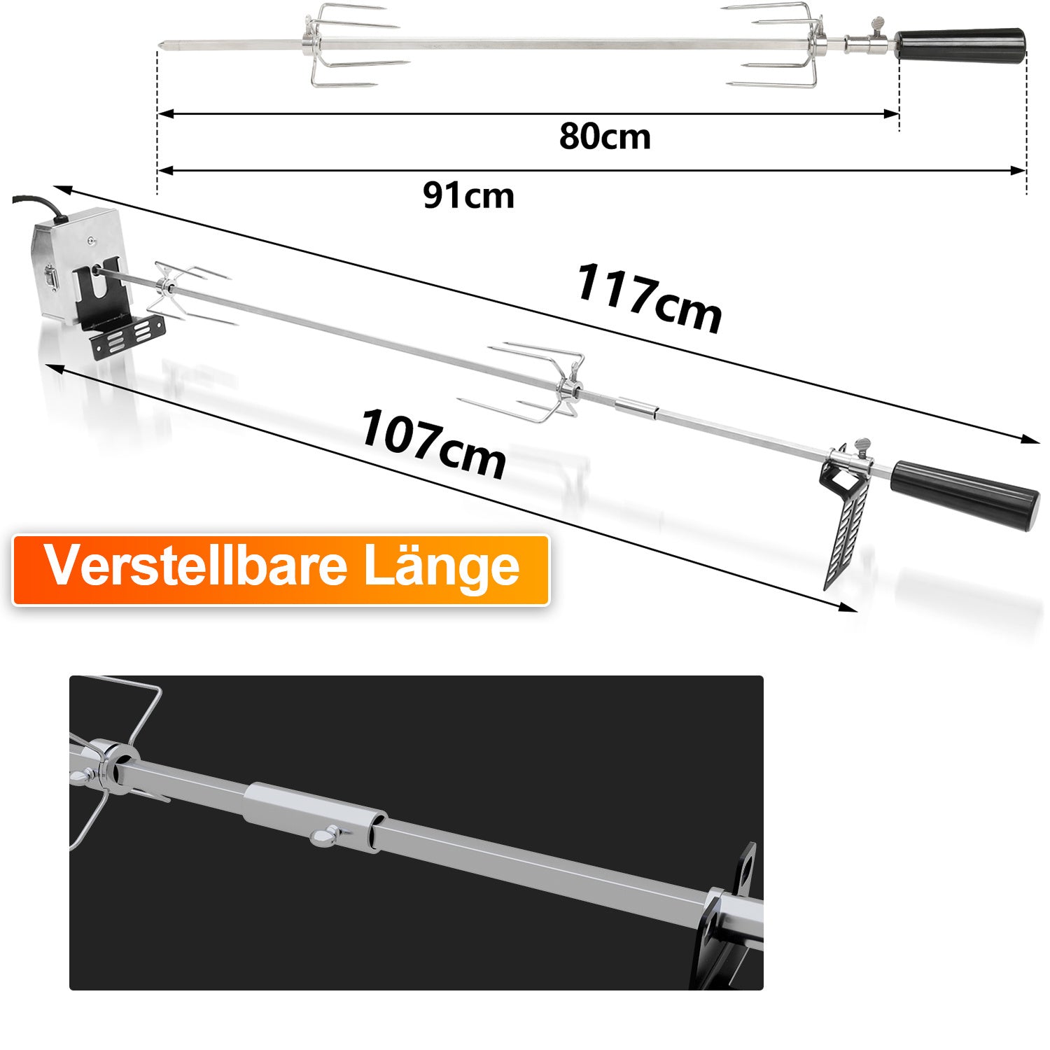 SWANEW Grillspieß Elektrischer, 107cm universal Edelstahl Drehspieß mit 2X Fleischnadeln, Drehspieß für Gasgrill, Traglast 10 kg, 220-240V