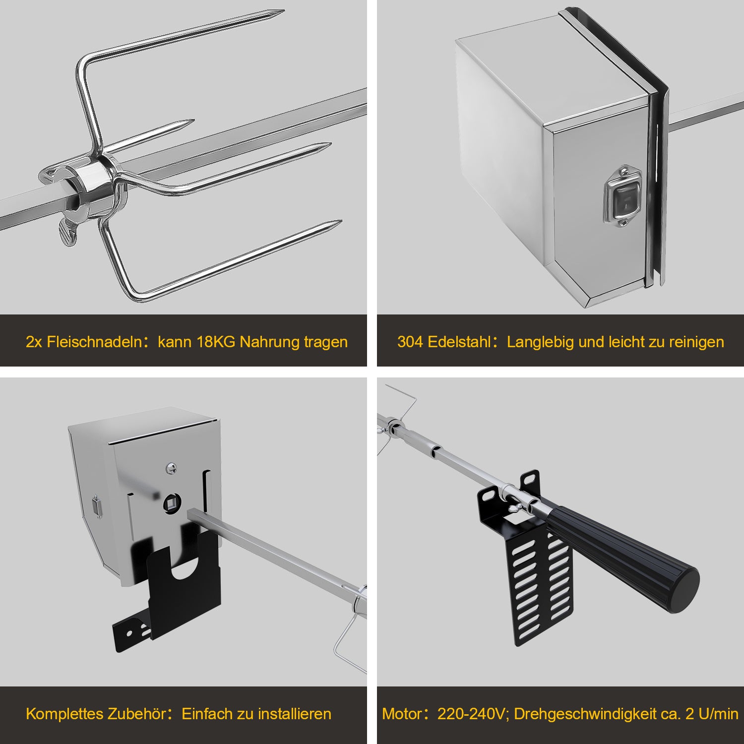 SWANEW Grillspieß Elektrischer, 107cm universal Edelstahl Drehspieß mit 2X Fleischnadeln, Drehspieß für Gasgrill, Traglast 10 kg, 220-240V