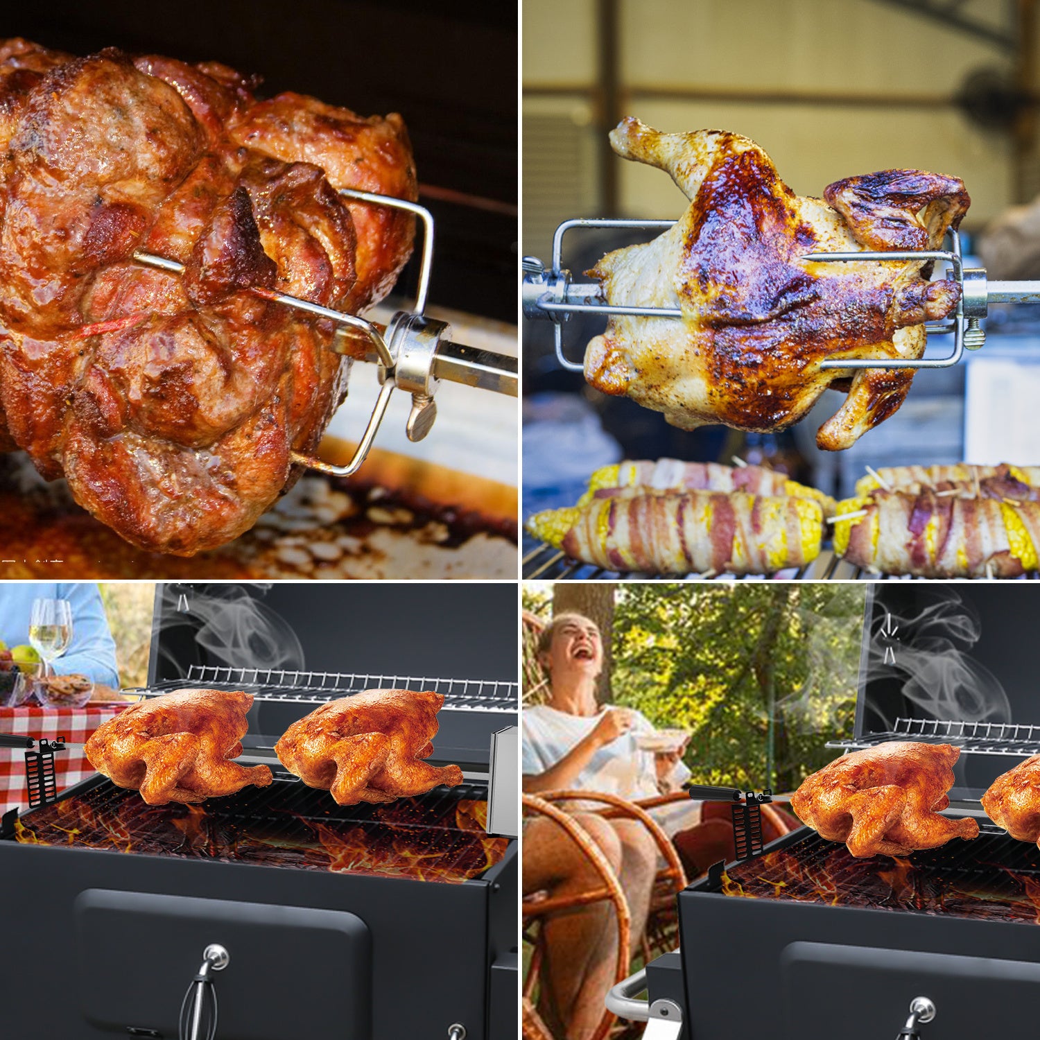 SWANEW Grillspieß Elektrischer, 107cm universal Edelstahl Drehspieß mit 2X Fleischnadeln, Drehspieß für Gasgrill, Traglast 10 kg, 220-240V