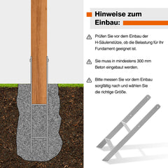 SWANEW H-Pfostenanker aus Stahl – H-Anker / Pfostenträger zum Einbetonieren für Zaun, Gewächshaus, Carport & Holzbau, 81–141 mm